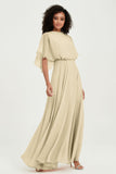 Flutter Sleeves Jewel Chiffon Bridesmaid Dress Floor Length Formal Evening Dresses Gowns