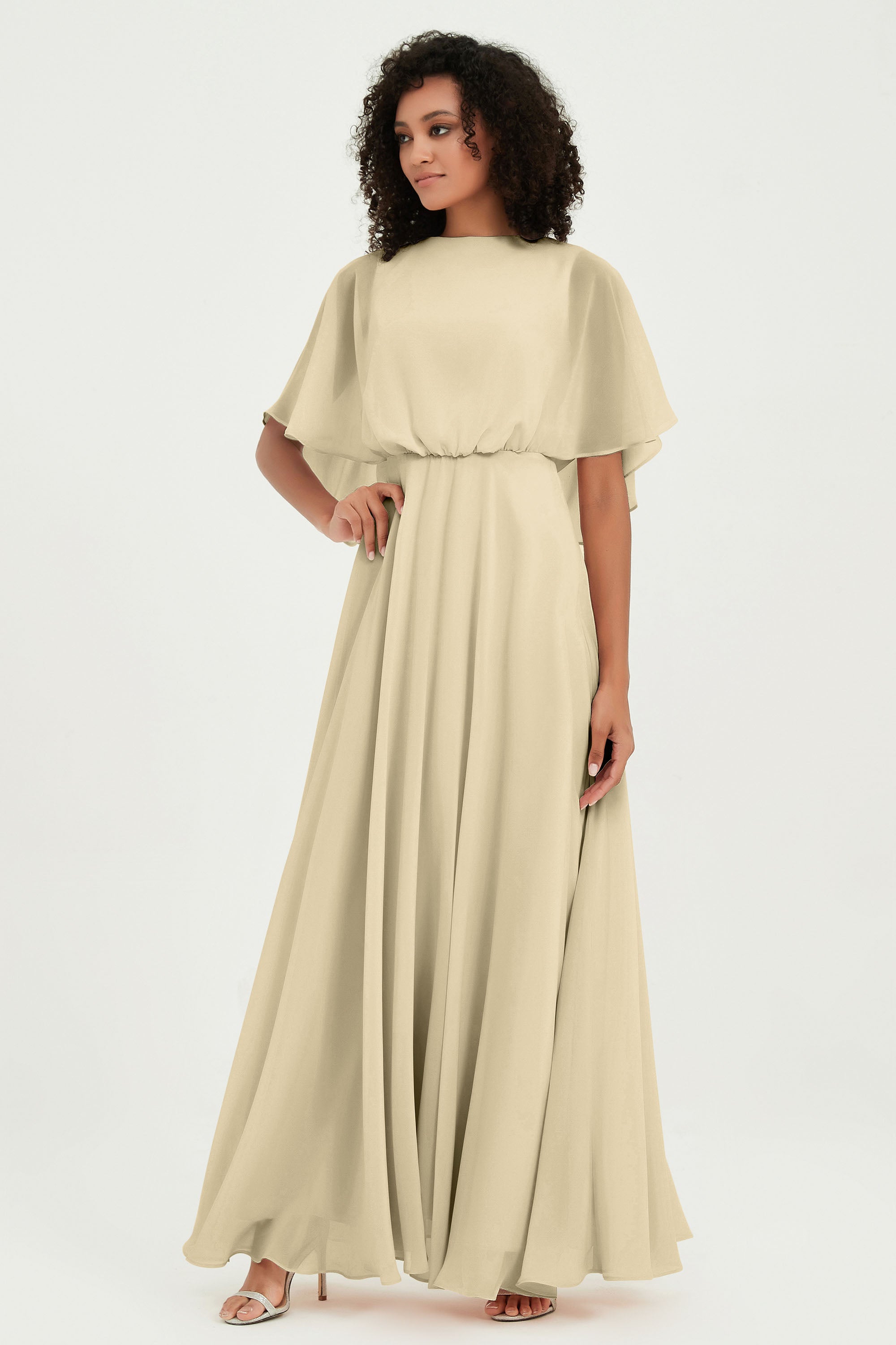 Flutter Sleeves Jewel Chiffon Bridesmaid Dress Floor Length Formal Evening Dresses Gowns