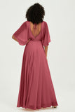 Flutter Sleeves Jewel Chiffon Bridesmaid Dress Floor Length Formal Evening Dresses Gowns