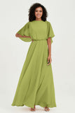Flutter Sleeves Jewel Chiffon Bridesmaid Dress Floor Length Formal Evening Dresses Gowns