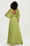 Flutter Sleeves Jewel Chiffon Bridesmaid Dress Floor Length Formal Evening Dresses Gowns