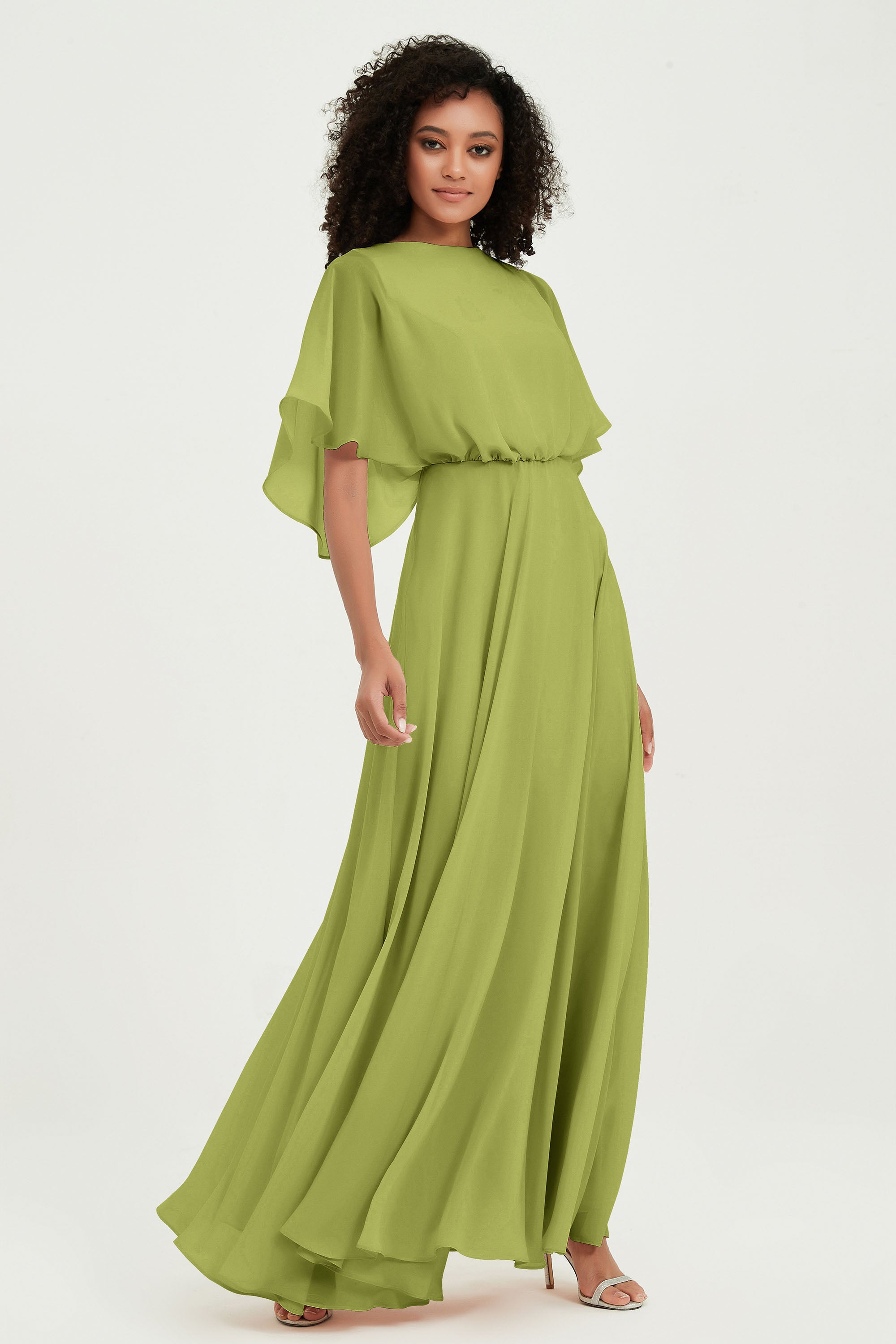 Flutter Sleeves Jewel Chiffon Bridesmaid Dress Floor Length Formal Evening Dresses Gowns