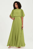 Flutter Sleeves Jewel Chiffon Bridesmaid Dress Floor Length Formal Evening Dresses Gowns