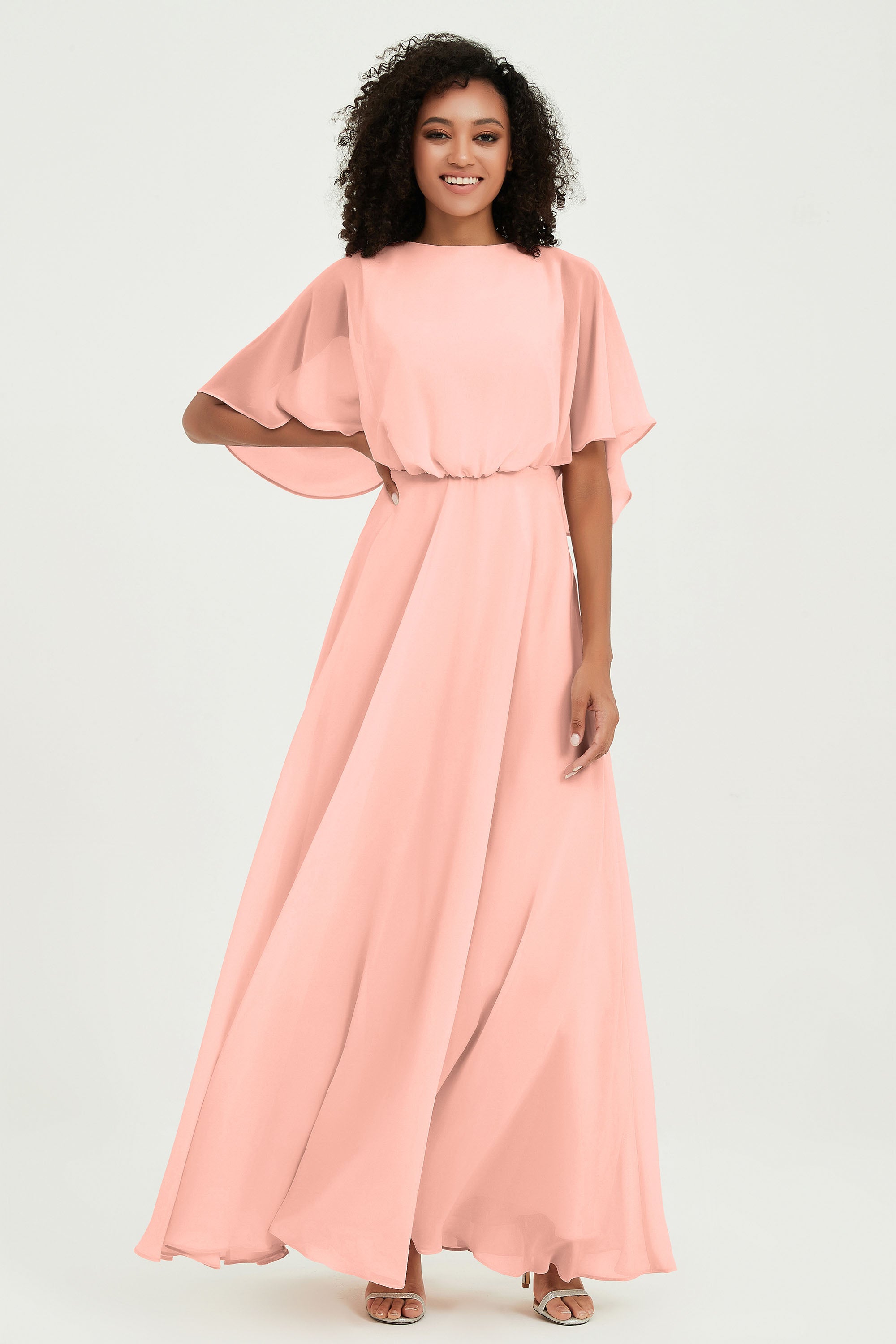 Flutter Sleeves Jewel Chiffon Bridesmaid Dress Floor Length Formal Evening Dresses Gowns