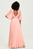 Flutter Sleeves Jewel Chiffon Bridesmaid Dress Floor Length Formal Evening Dresses Gowns