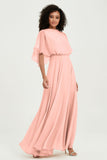 Flutter Sleeves Jewel Chiffon Bridesmaid Dress Floor Length Formal Evening Dresses Gowns