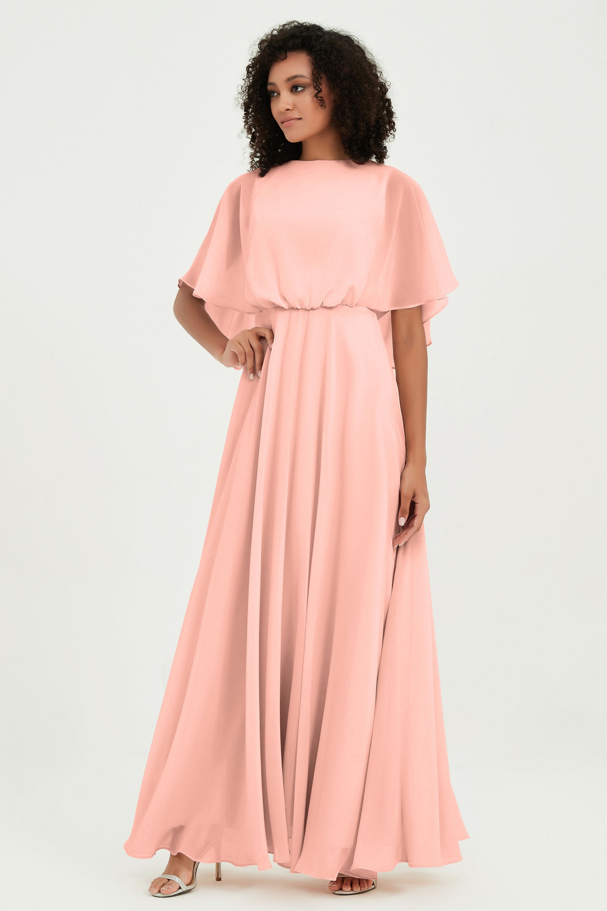 Flutter Sleeves Jewel Chiffon Bridesmaid Dress Floor Length Formal Evening Dresses Gowns