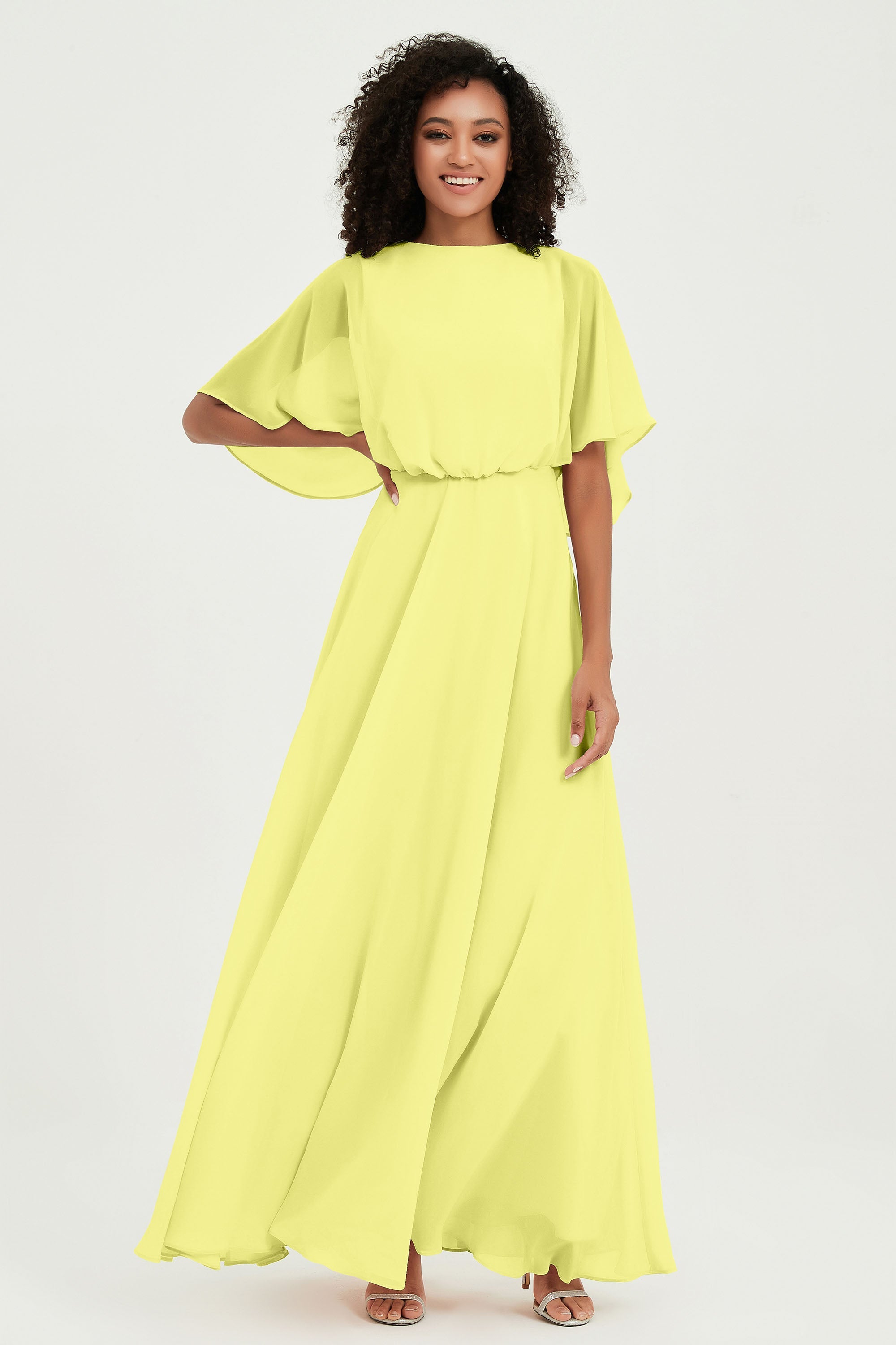 Flutter Sleeves Jewel Chiffon Bridesmaid Dress Floor Length Formal Evening Dresses Gowns