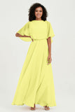 Flutter Sleeves Jewel Chiffon Bridesmaid Dress Floor Length Formal Evening Dresses Gowns
