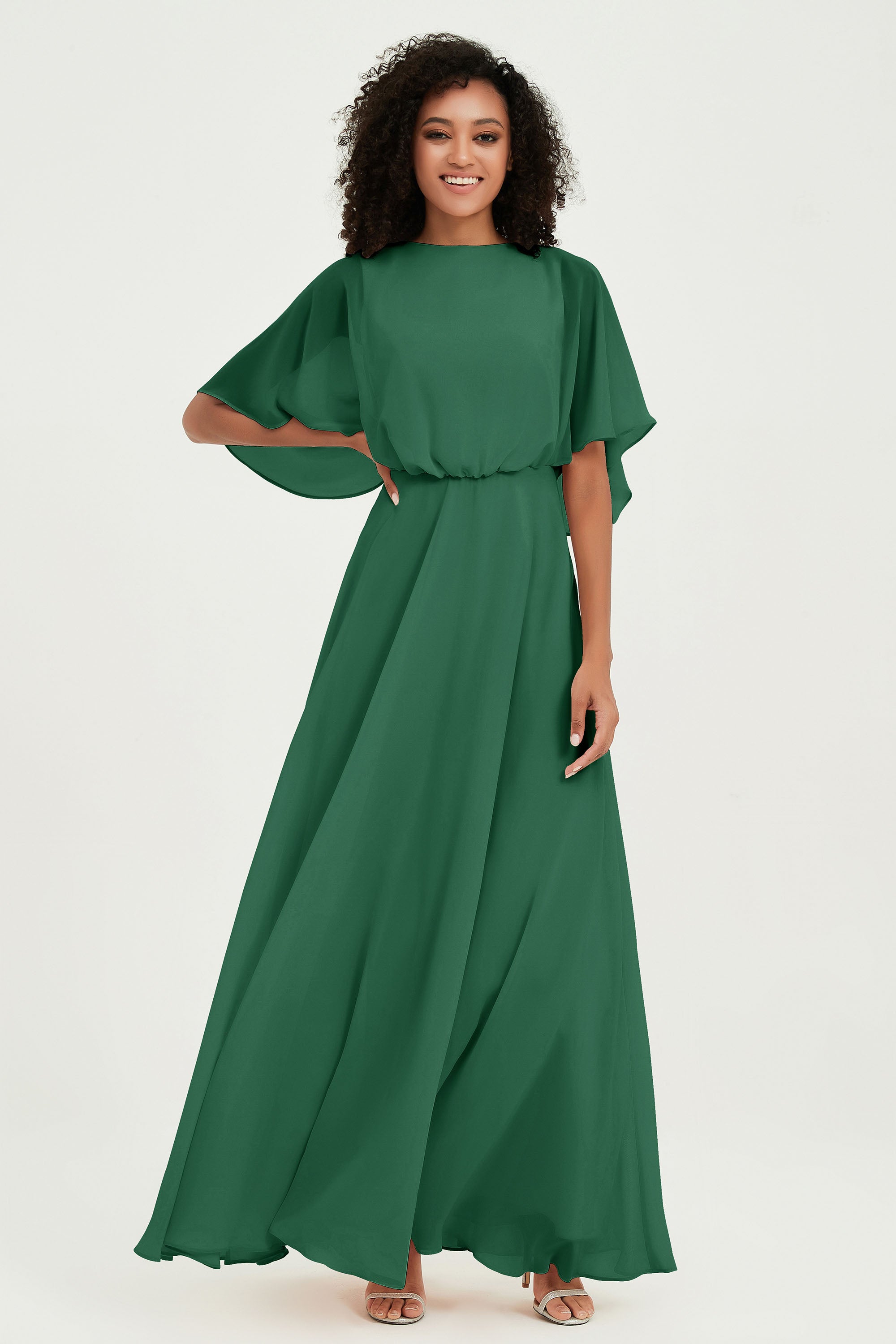 Flutter Sleeves Jewel Chiffon Bridesmaid Dress Floor Length Formal Evening Dresses Gowns