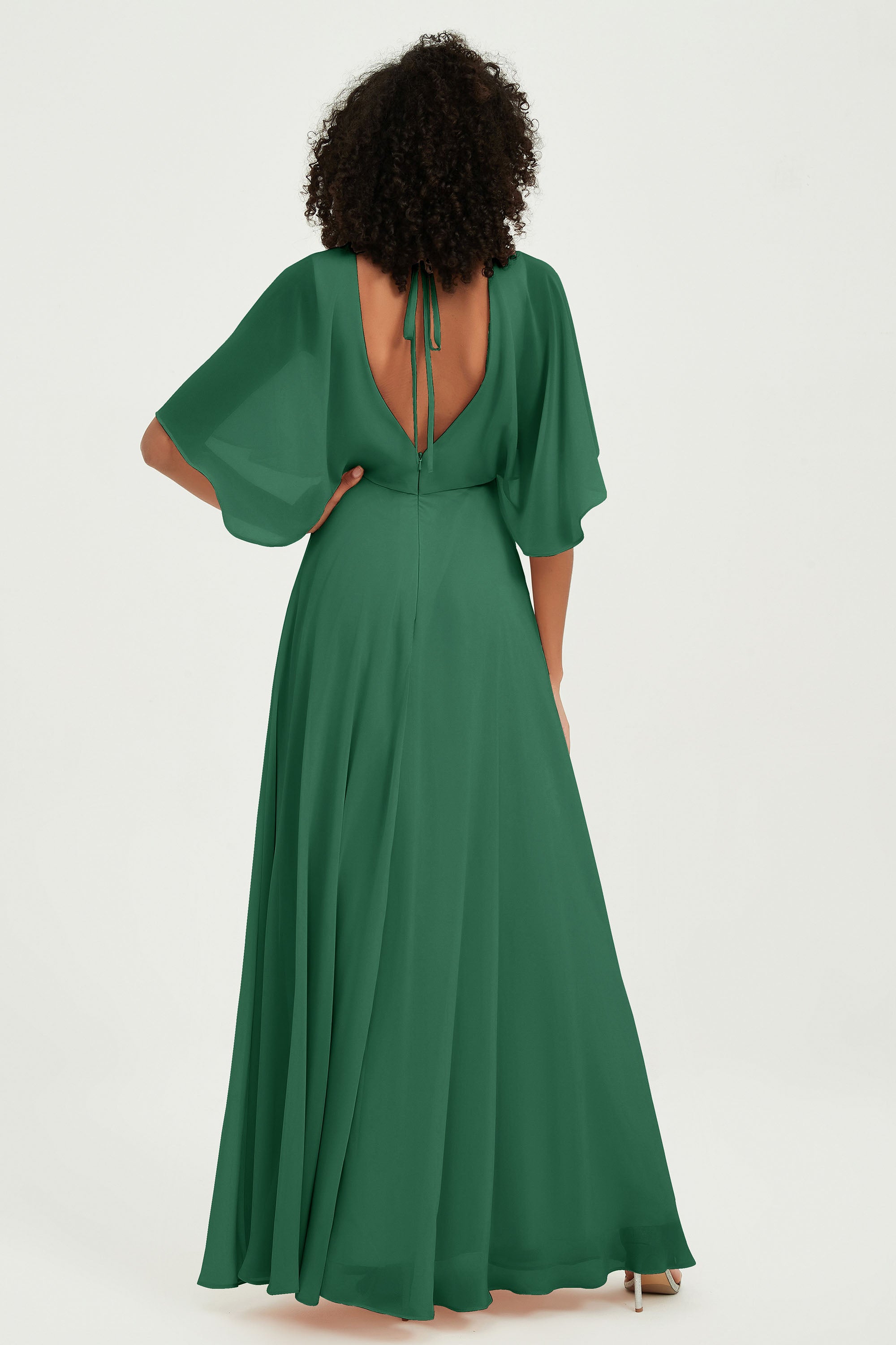 Flutter Sleeves Jewel Chiffon Bridesmaid Dress Floor Length Formal Evening Dresses Gowns