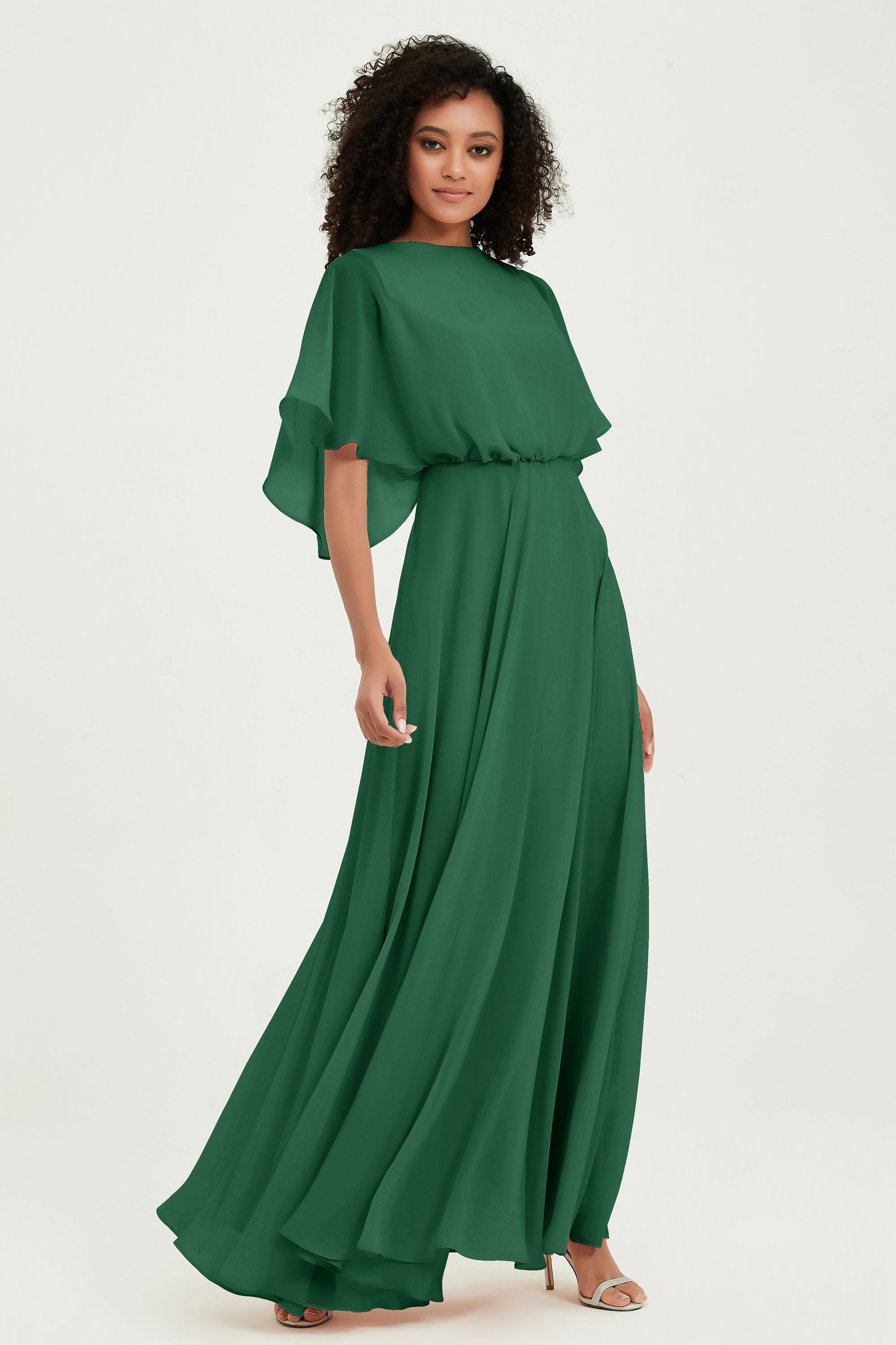 Flutter Sleeves Jewel Chiffon Bridesmaid Dress Floor Length Formal Evening Dresses Gowns