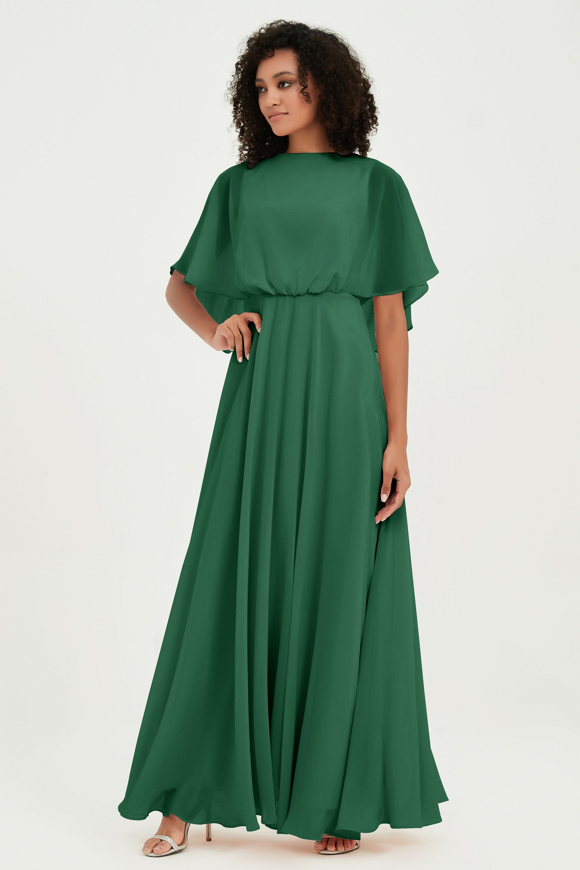 Flutter Sleeves Jewel Chiffon Bridesmaid Dress Floor Length Formal Evening Dresses Gowns