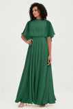 Flutter Sleeves Jewel Chiffon Bridesmaid Dress Floor Length Formal Evening Dresses Gowns