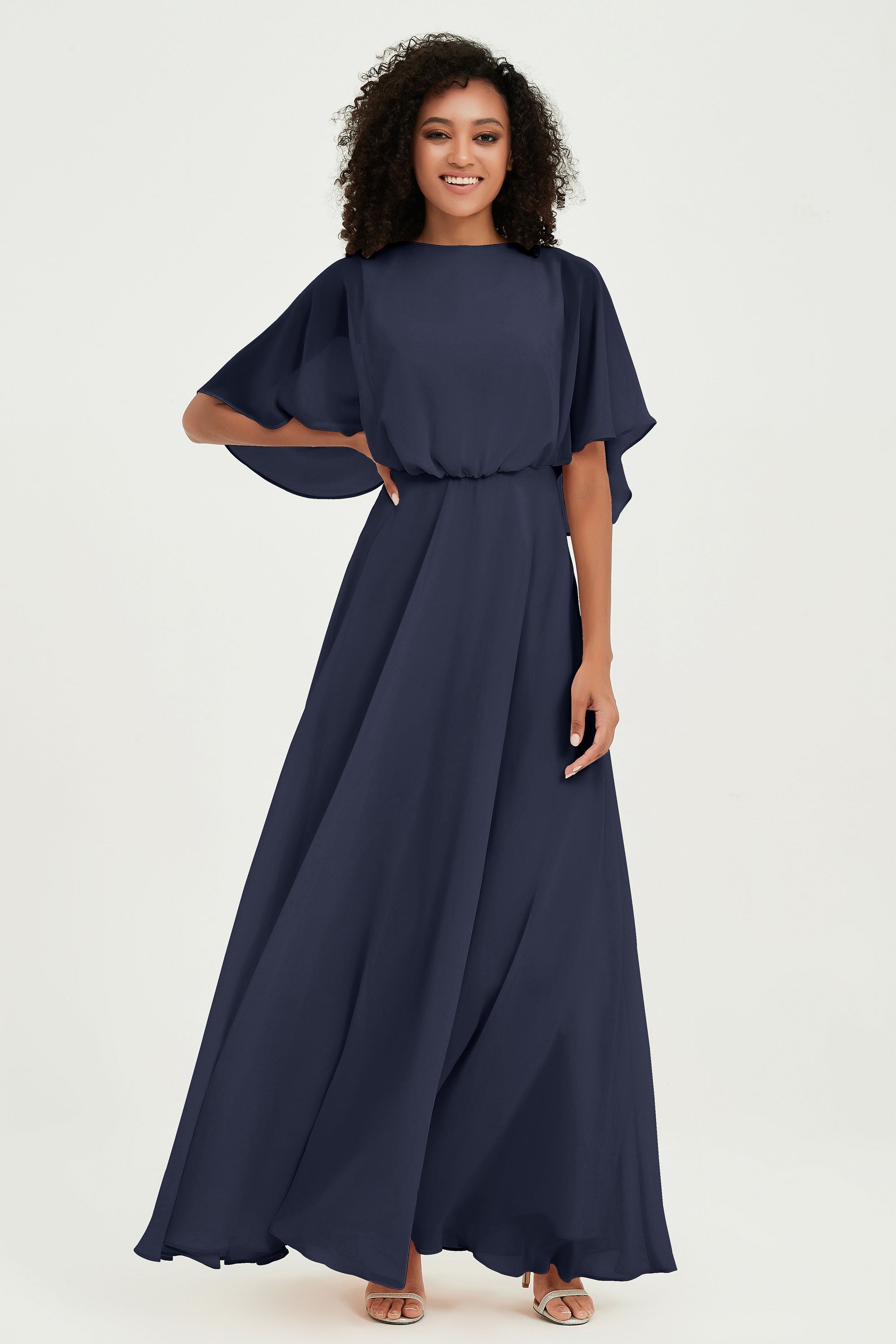 Flutter Sleeves Jewel Chiffon Bridesmaid Dress Floor Length Formal Evening Dresses Gowns