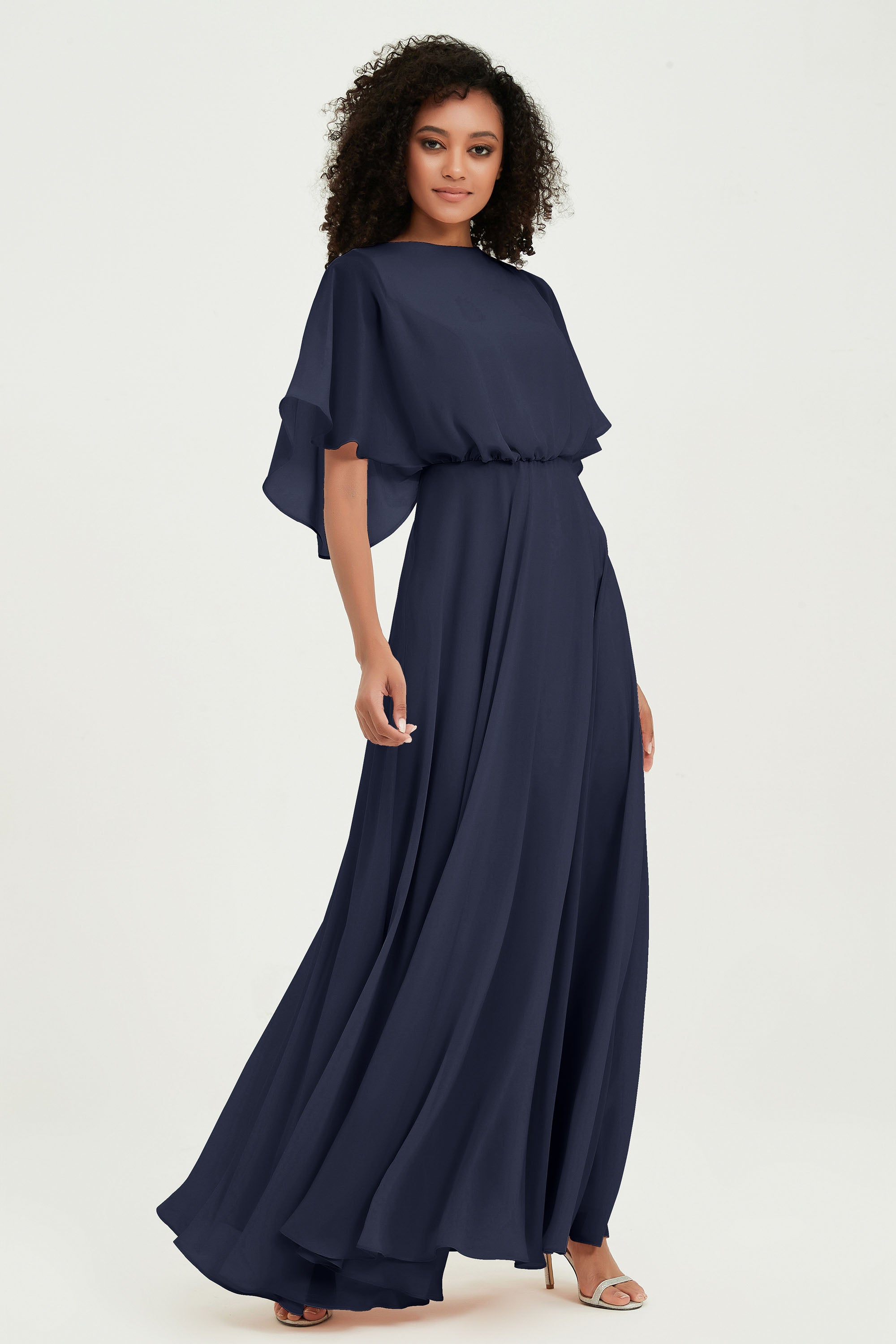 Flutter Sleeves Jewel Chiffon Bridesmaid Dress Floor Length Formal Evening Dresses Gowns