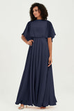 Flutter Sleeves Jewel Chiffon Bridesmaid Dress Floor Length Formal Evening Dresses Gowns