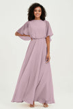 Flutter Sleeves Jewel Chiffon Bridesmaid Dress Floor Length Formal Evening Dresses Gowns