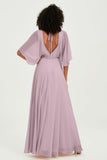 Flutter Sleeves Jewel Chiffon Bridesmaid Dress Floor Length Formal Evening Dresses Gowns