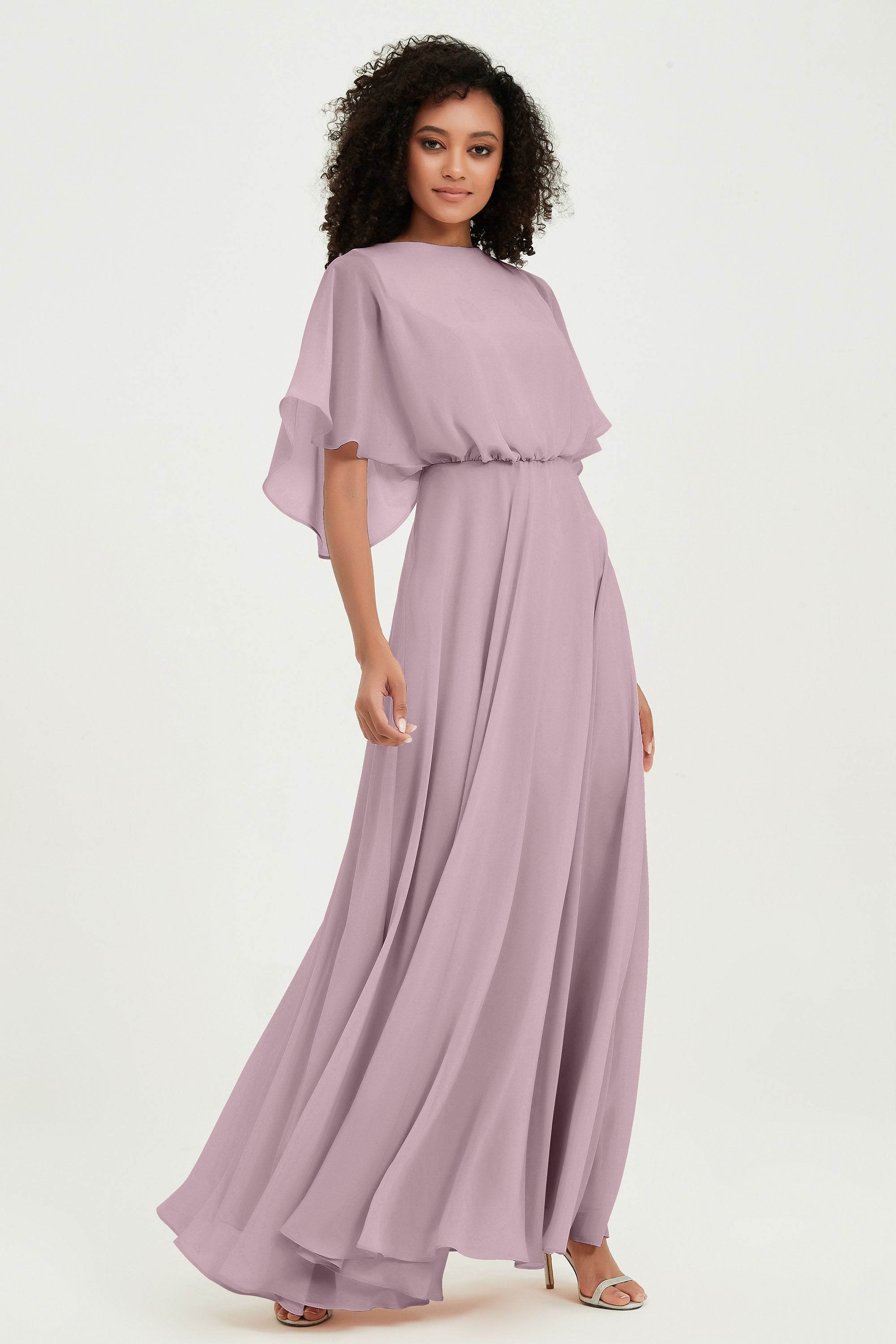 Flutter Sleeves Jewel Chiffon Bridesmaid Dress Floor Length Formal Evening Dresses Gowns