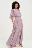 Flutter Sleeves Jewel Chiffon Bridesmaid Dress Floor Length Formal Evening Dresses Gowns