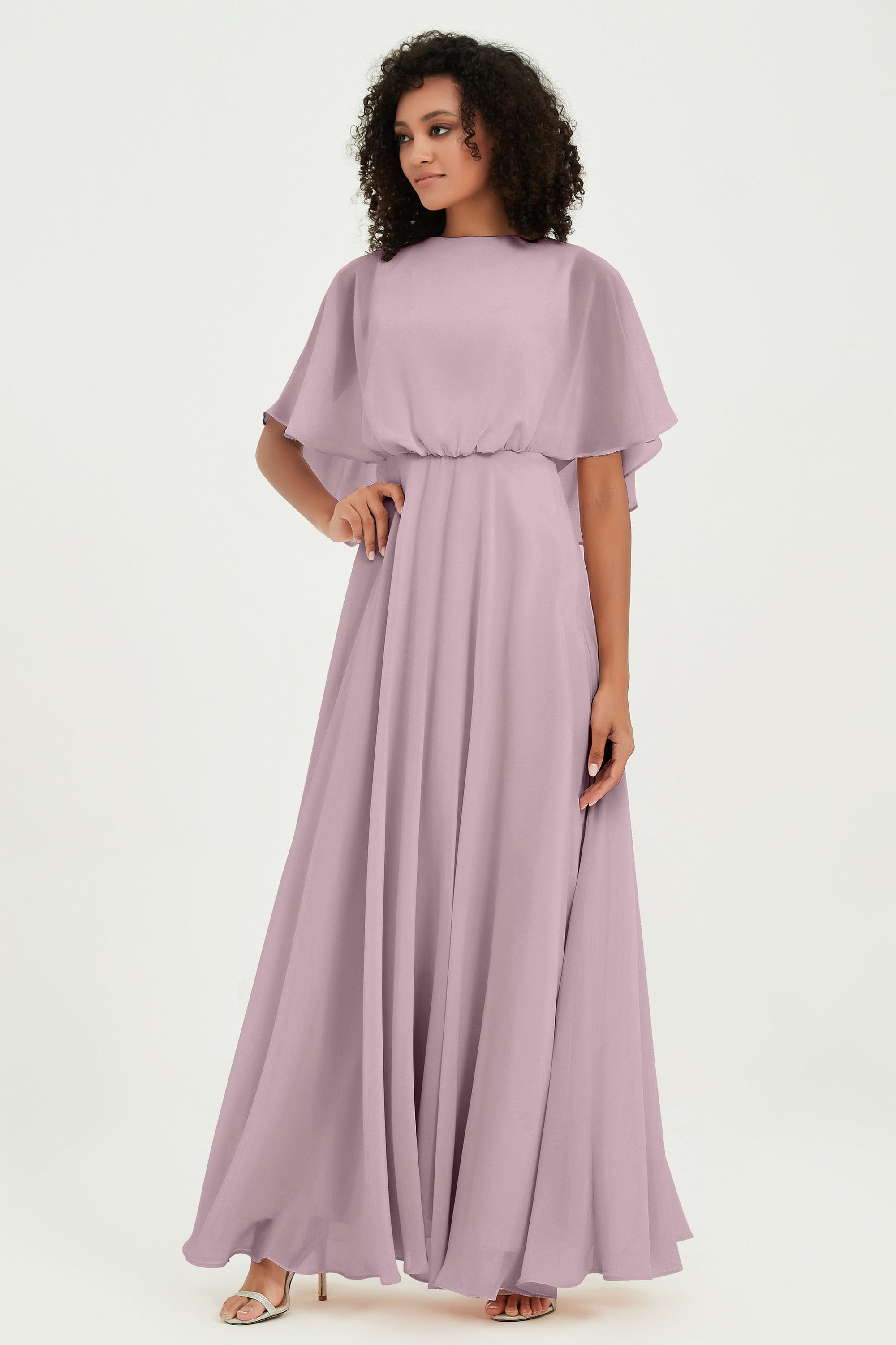 Flutter Sleeves Jewel Chiffon Bridesmaid Dress Floor Length Formal Evening Dresses Gowns