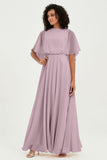 Flutter Sleeves Jewel Chiffon Bridesmaid Dress Floor Length Formal Evening Dresses Gowns
