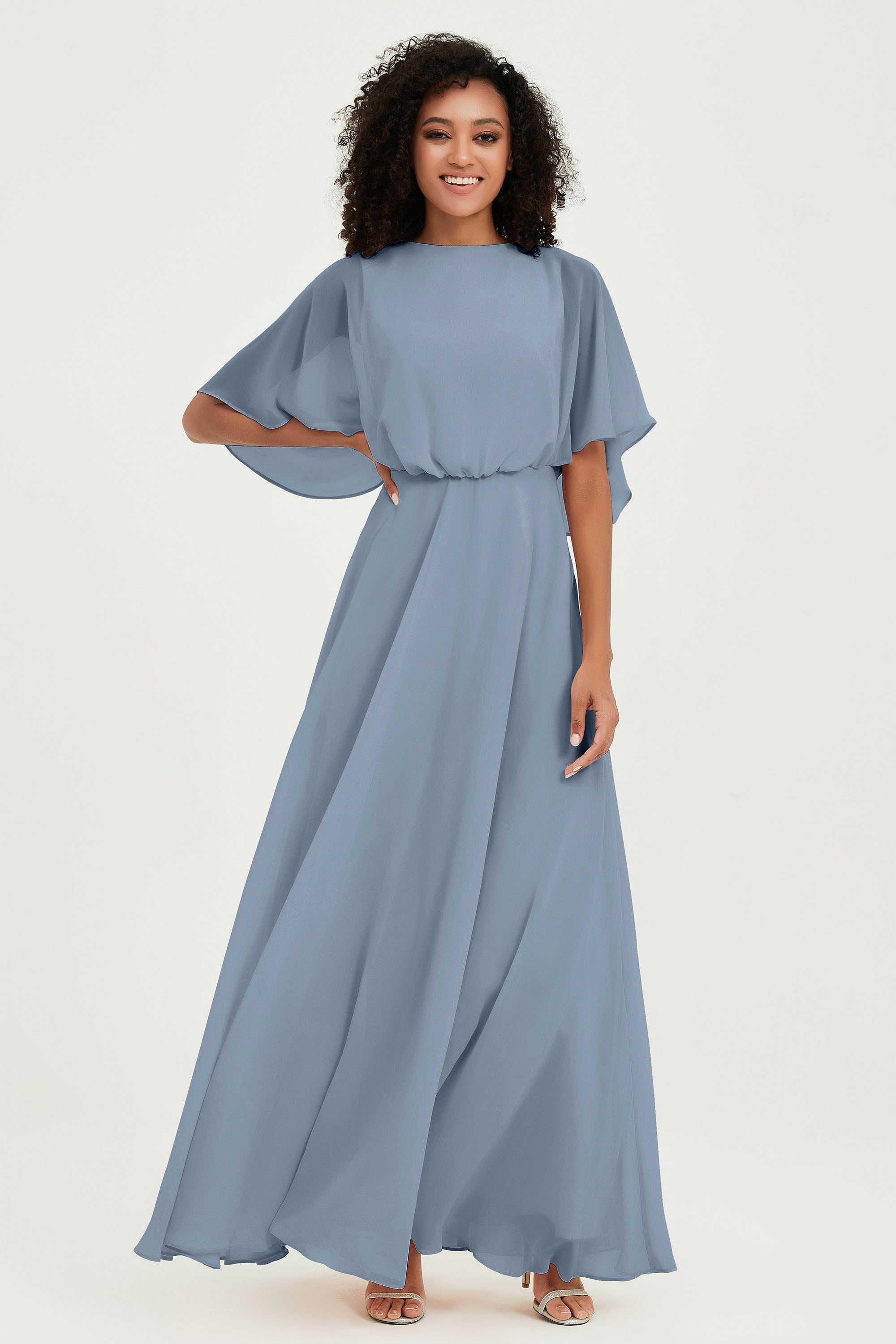 Flutter Sleeves Jewel Chiffon Bridesmaid Dress Floor Length Formal Evening Dresses Gowns