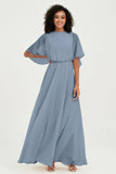 Flutter Sleeves Jewel Chiffon Bridesmaid Dress Floor Length Formal Evening Dresses Gowns