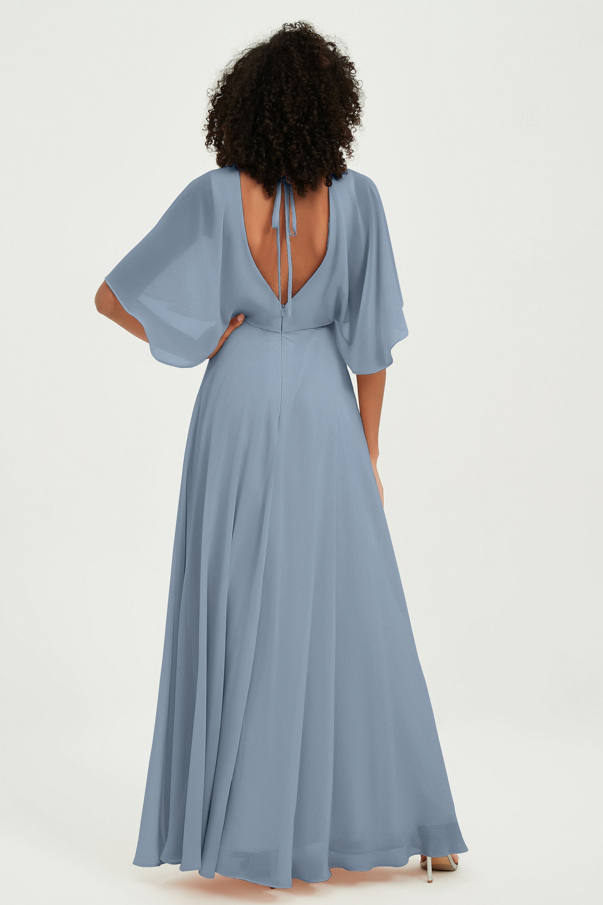 Flutter Sleeves Jewel Chiffon Bridesmaid Dress Floor Length Formal Evening Dresses Gowns