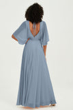 Flutter Sleeves Jewel Chiffon Bridesmaid Dress Floor Length Formal Evening Dresses Gowns