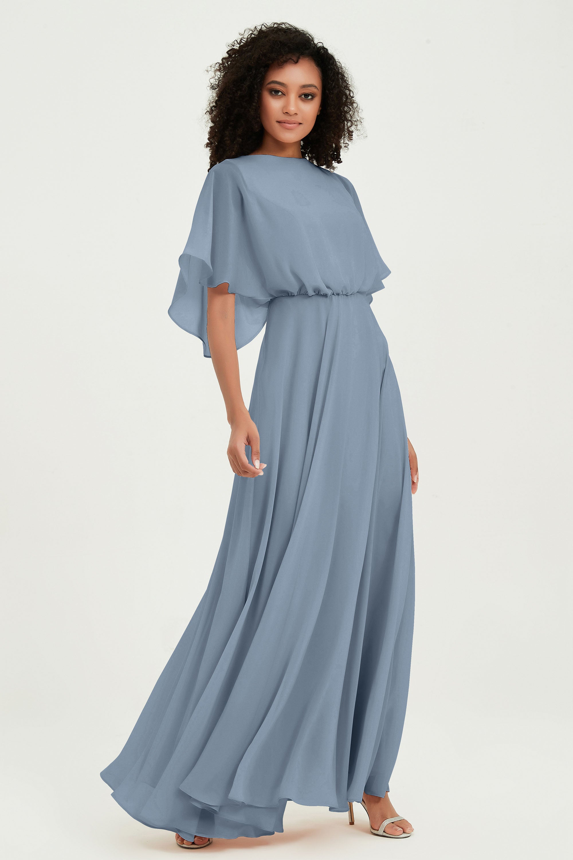 Flutter Sleeves Jewel Chiffon Bridesmaid Dress Floor Length Formal Evening Dresses Gowns