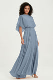 Flutter Sleeves Jewel Chiffon Bridesmaid Dress Floor Length Formal Evening Dresses Gowns