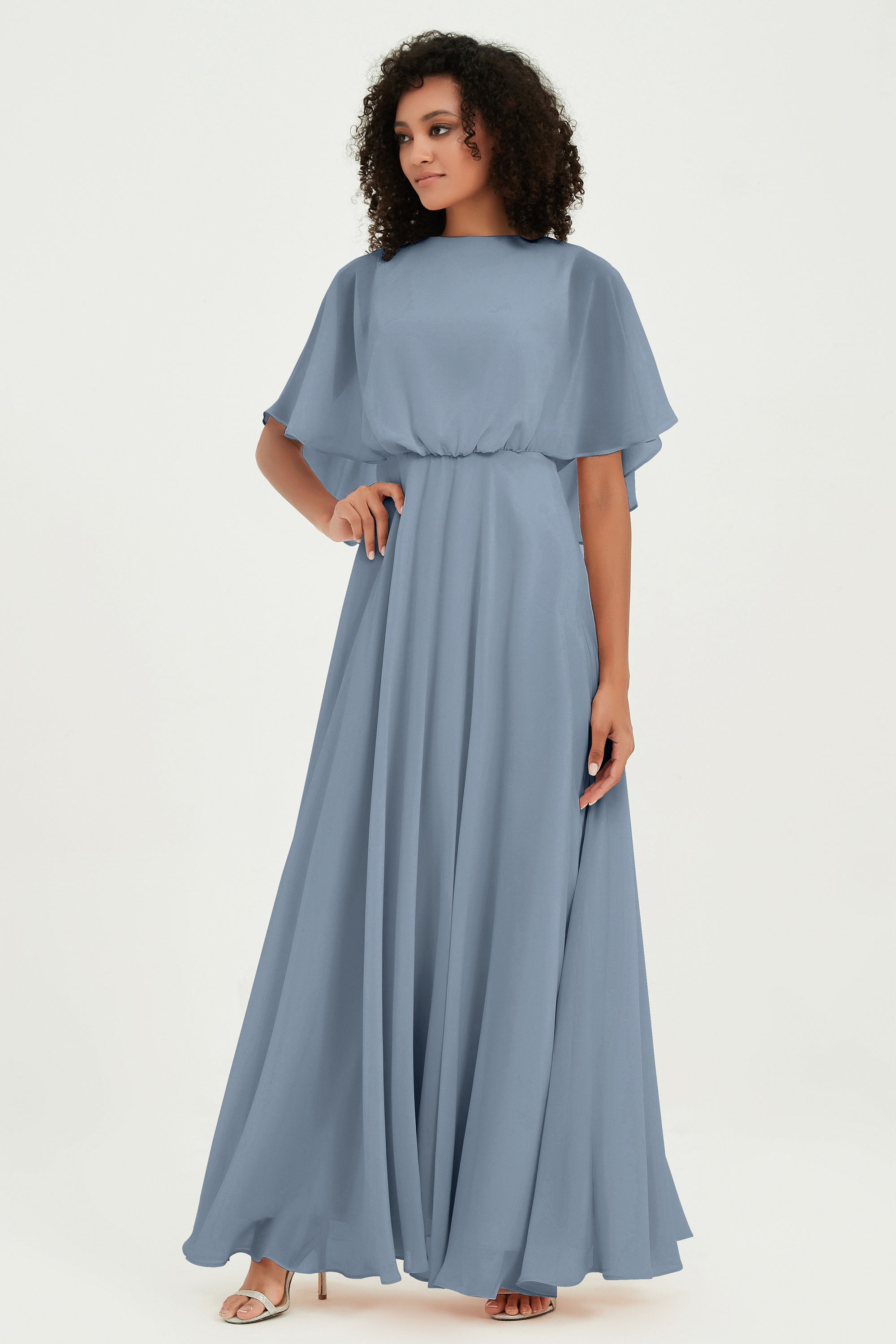 Flutter Sleeves Jewel Chiffon Bridesmaid Dress Floor Length Formal Evening Dresses Gowns