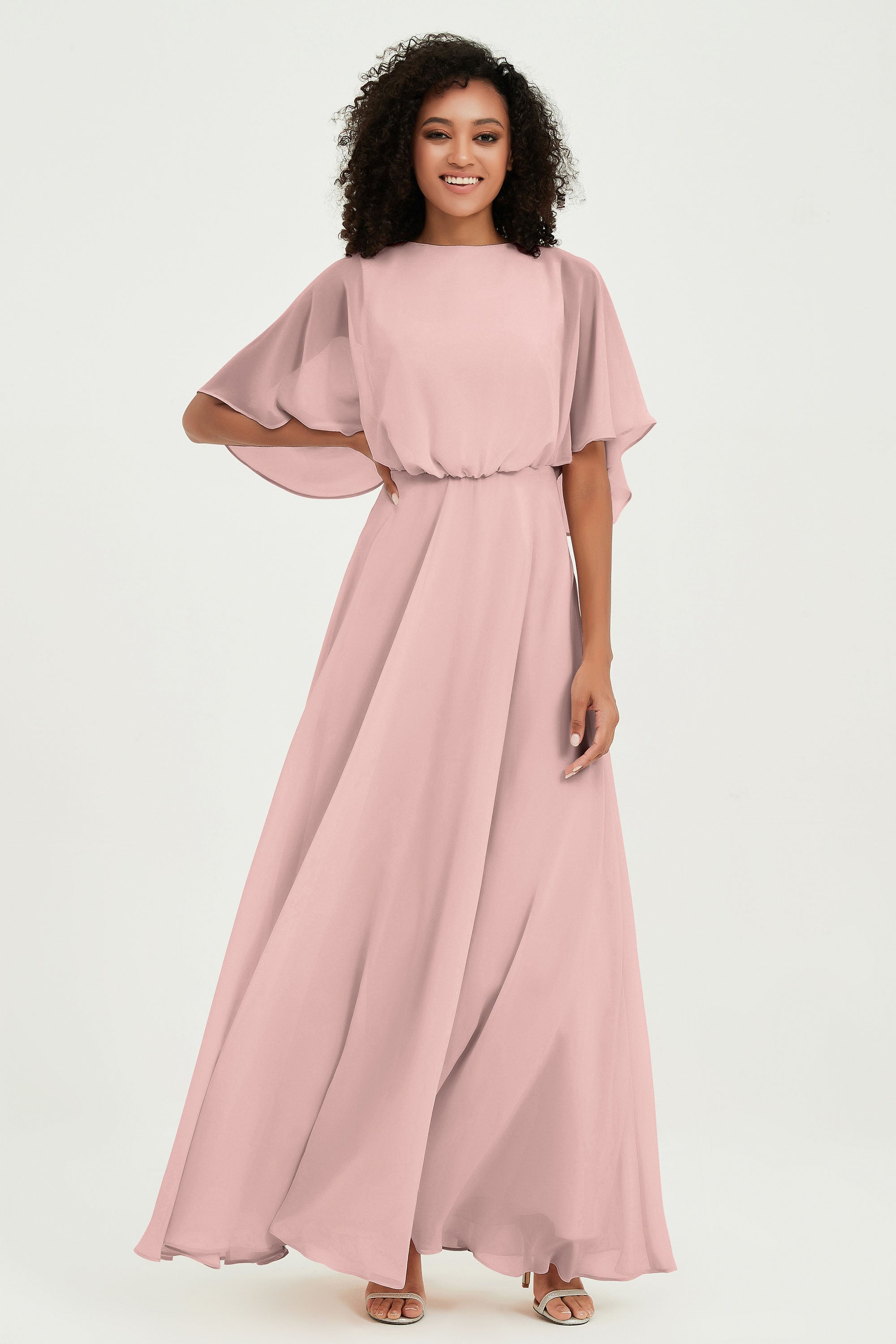 Flutter Sleeves Jewel Chiffon Bridesmaid Dress Floor Length Formal Evening Dresses Gowns