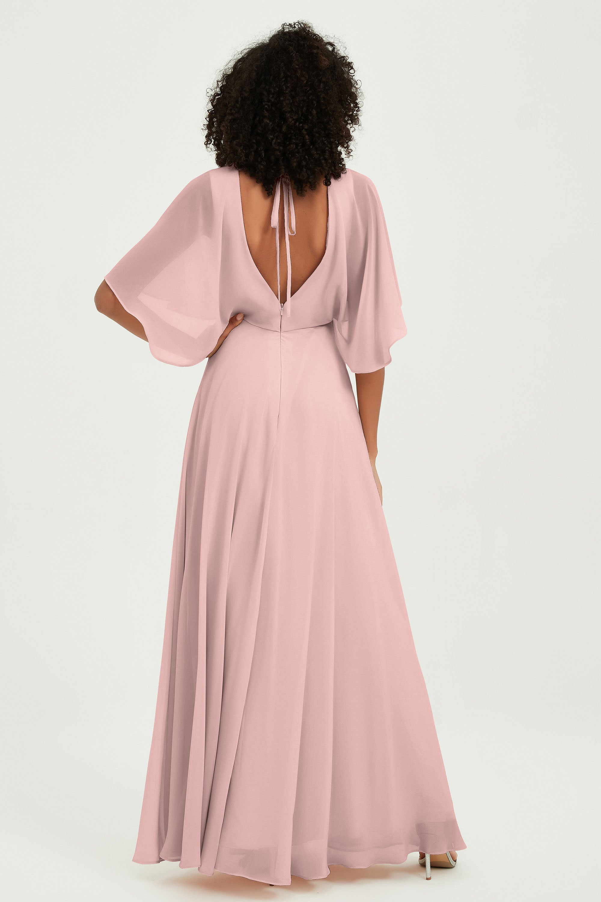 Flutter Sleeves Jewel Chiffon Bridesmaid Dress Floor Length Formal Evening Dresses Gowns