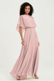 Flutter Sleeves Jewel Chiffon Bridesmaid Dress Floor Length Formal Evening Dresses Gowns