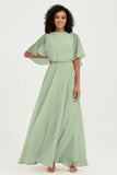 Flutter Sleeves Jewel Chiffon Bridesmaid Dress Floor Length Formal Evening Dresses Gowns