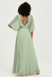 Flutter Sleeves Jewel Chiffon Bridesmaid Dress Floor Length Formal Evening Dresses Gowns