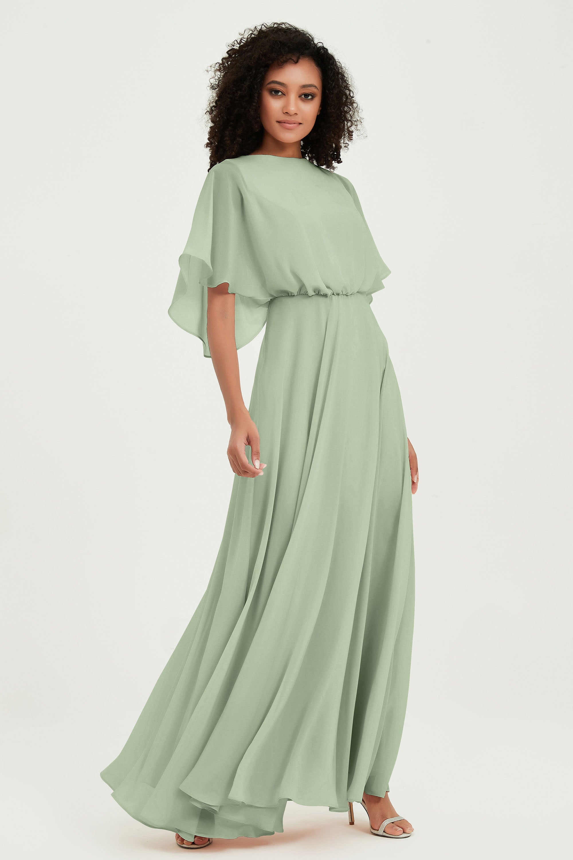 Flutter Sleeves Jewel Chiffon Bridesmaid Dress Floor Length Formal Evening Dresses Gowns