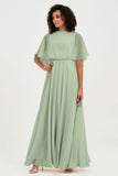 Flutter Sleeves Jewel Chiffon Bridesmaid Dress Floor Length Formal Evening Dresses Gowns