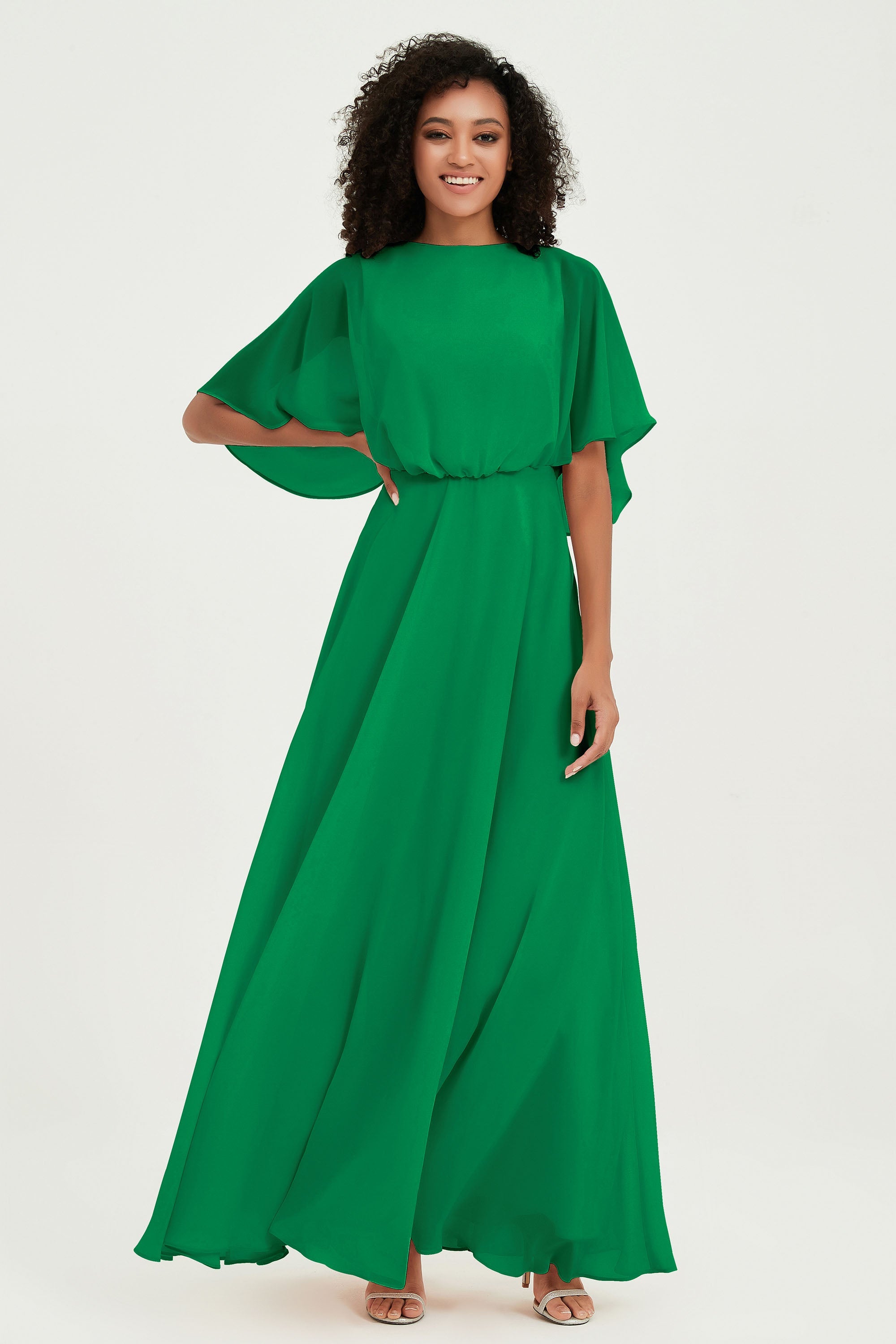 Flutter Sleeves Jewel Chiffon Bridesmaid Dress Floor Length Formal Evening Dresses Gowns