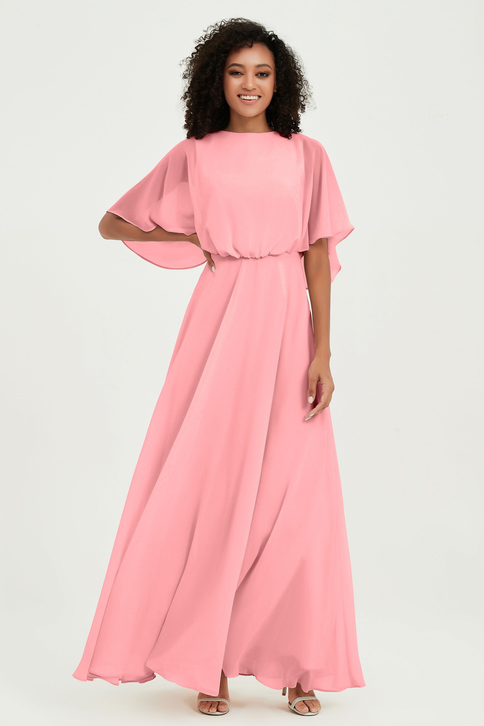 Flutter Sleeves Jewel Chiffon Bridesmaid Dress Floor Length Formal Evening Dresses Gowns