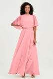 Flutter Sleeves Jewel Chiffon Bridesmaid Dress Floor Length Formal Evening Dresses Gowns