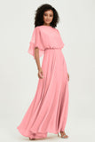 Flutter Sleeves Jewel Chiffon Bridesmaid Dress Floor Length Formal Evening Dresses Gowns