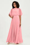 Flutter Sleeves Jewel Chiffon Bridesmaid Dress Floor Length Formal Evening Dresses Gowns