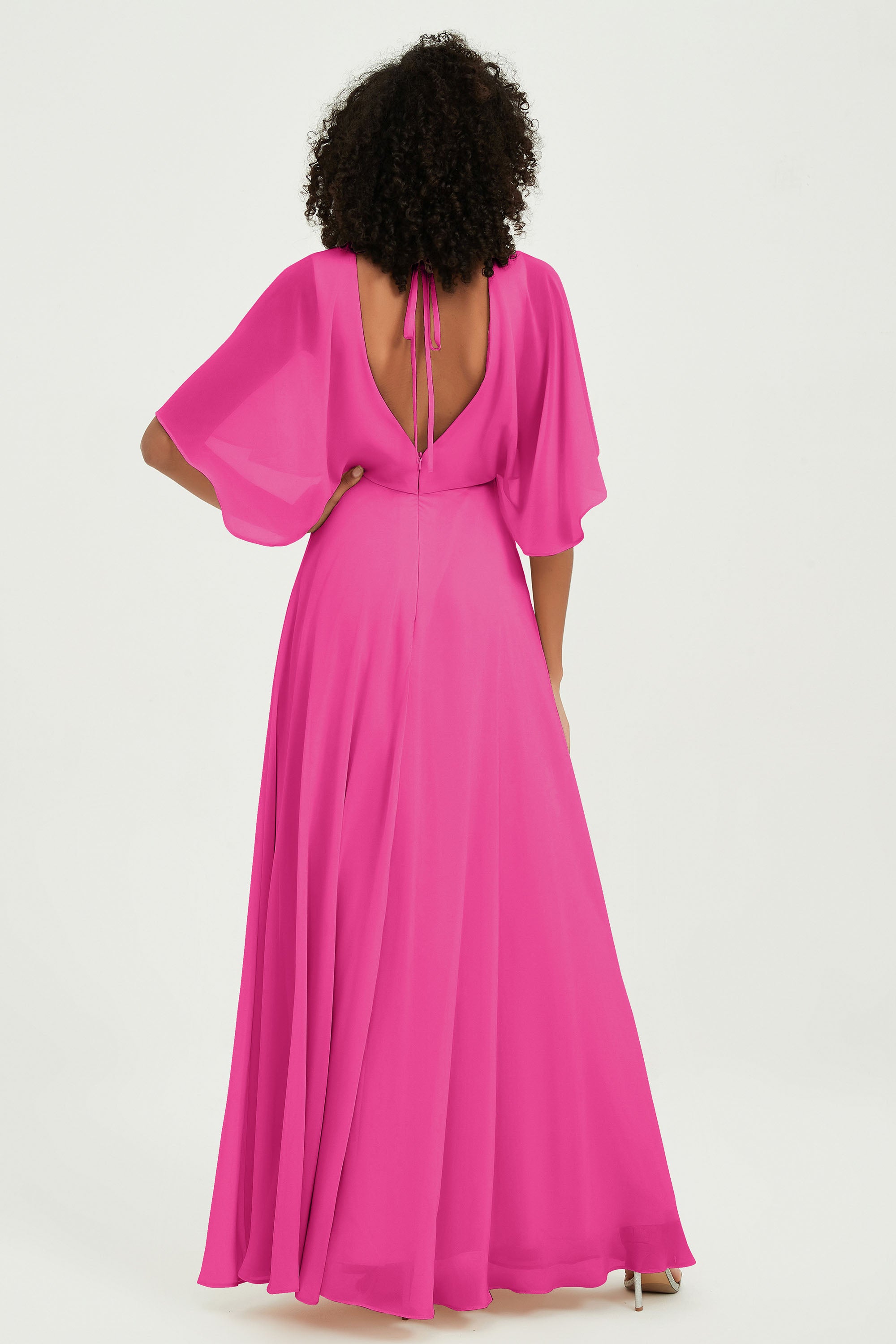 Flutter Sleeves Jewel Chiffon Bridesmaid Dress Floor Length Formal Evening Dresses Gowns