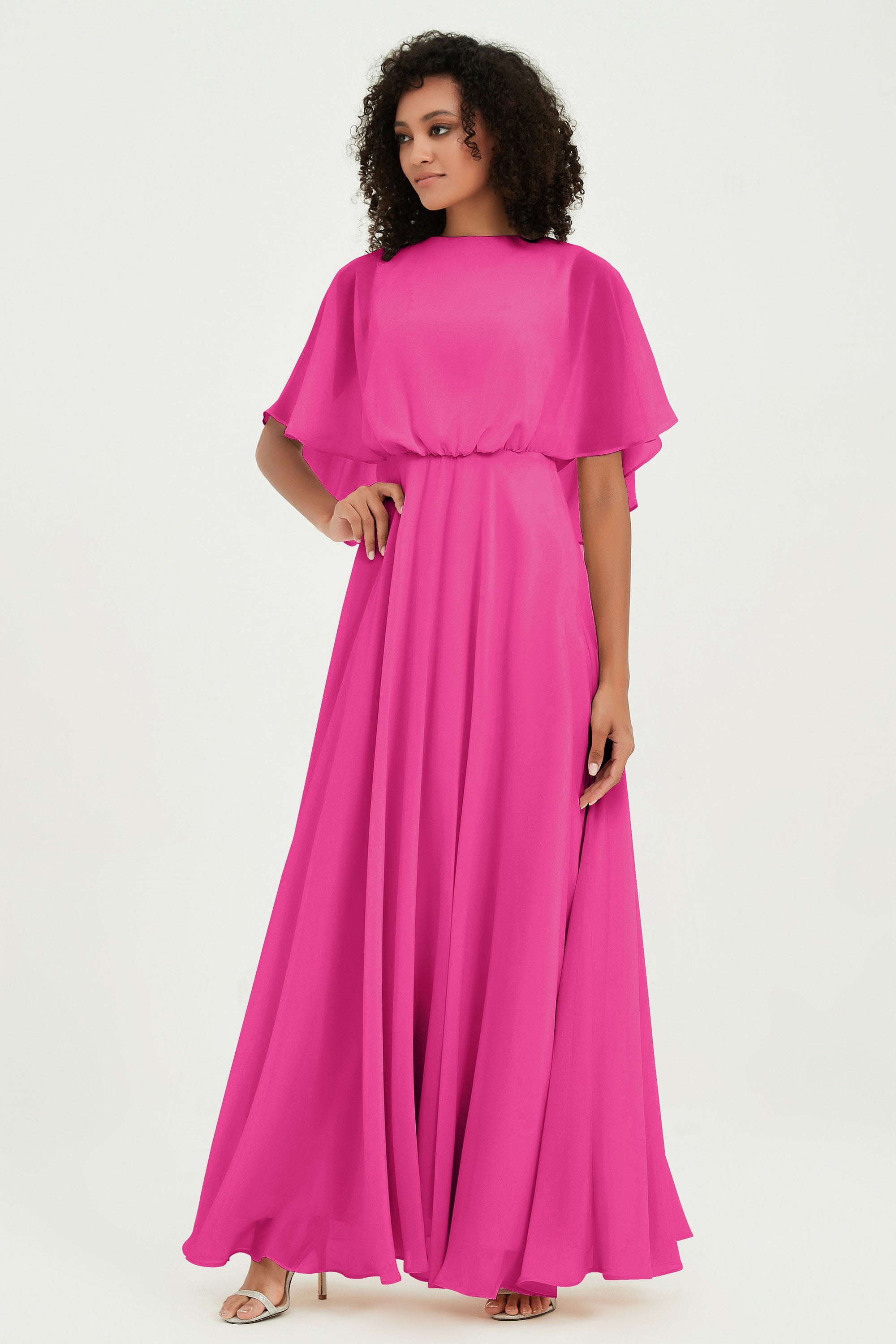 Flutter Sleeves Jewel Chiffon Bridesmaid Dress Floor Length Formal Evening Dresses Gowns