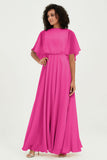 Flutter Sleeves Jewel Chiffon Bridesmaid Dress Floor Length Formal Evening Dresses Gowns