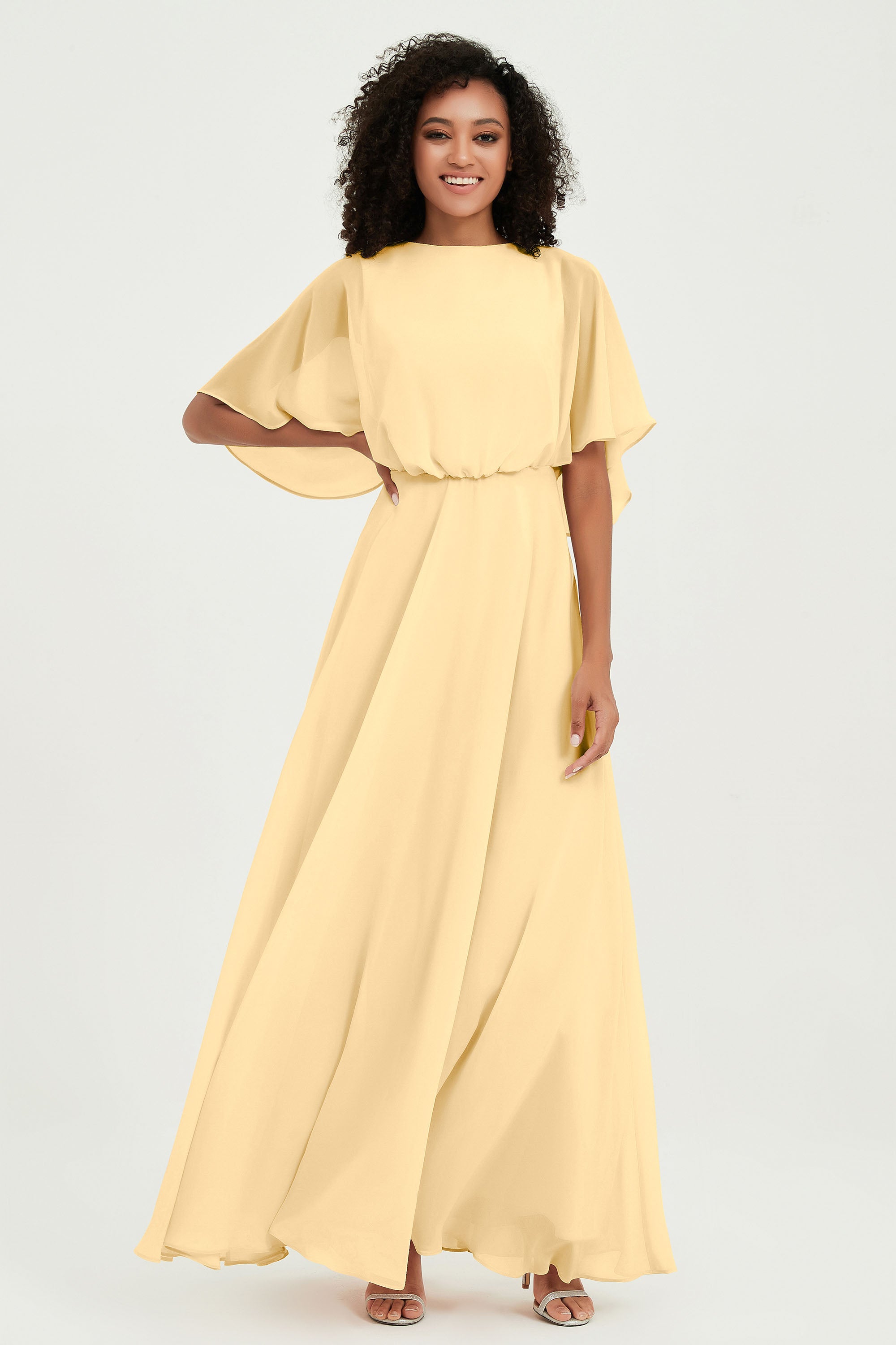 Flutter Sleeves Jewel Chiffon Bridesmaid Dress Floor Length Formal Evening Dresses Gowns